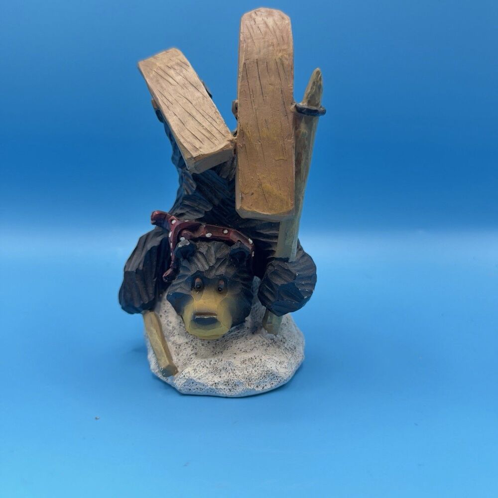 Black Bear Skiing Figurine Resin Winter Ski Lodge Decor 6” Funny Bear Statue